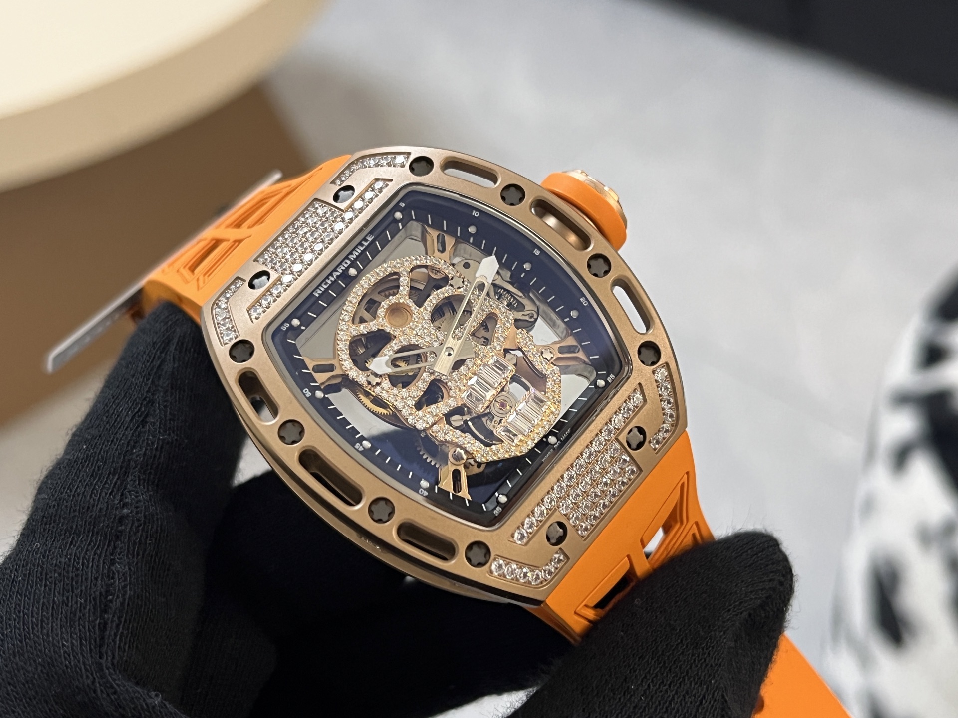 Richard Mille RM 052 Skull rose gold-tone case, diamond bezel, black dial, orange rubber strap 43mm Men's Automatic