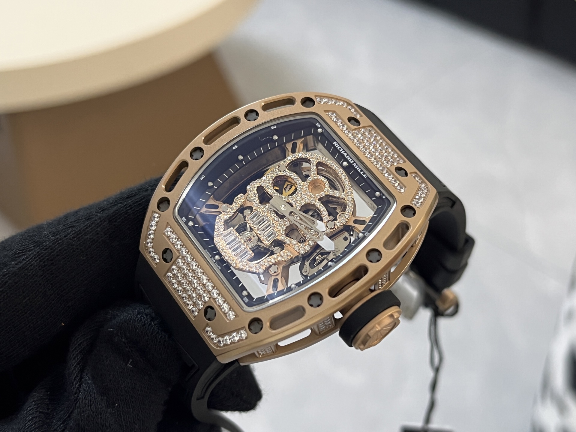 Richard Mille RM 052 Skull rose gold case, diamond-set bezel, transparent dial, black rubber strap 43mm Men's Manual Winding