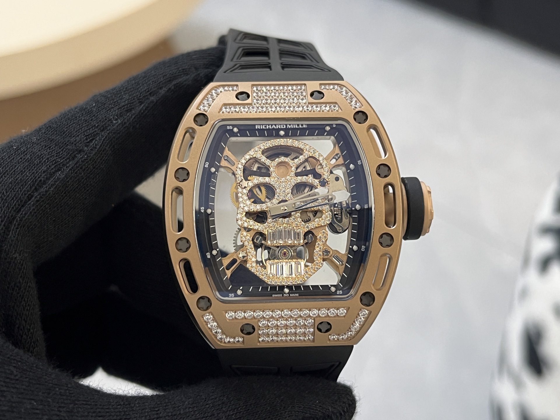 Richard Mille RM 052 Skull rose gold case, diamond-set bezel, transparent dial, black rubber strap 43mm Men's Manual Winding
