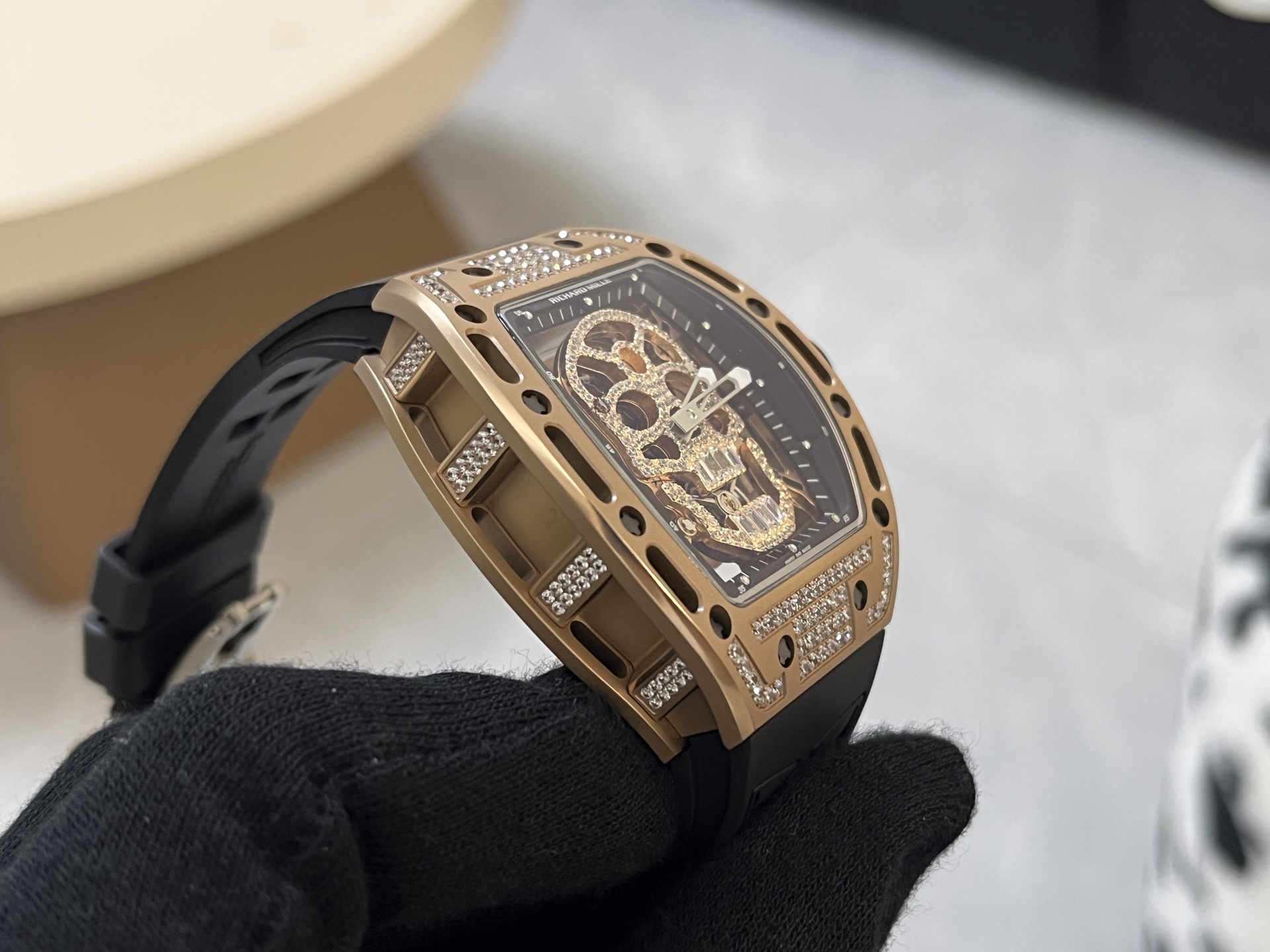 Richard Mille RM 052 Skull rose gold case, diamond-set bezel, transparent dial, black rubber strap 43mm Men's Manual Winding
