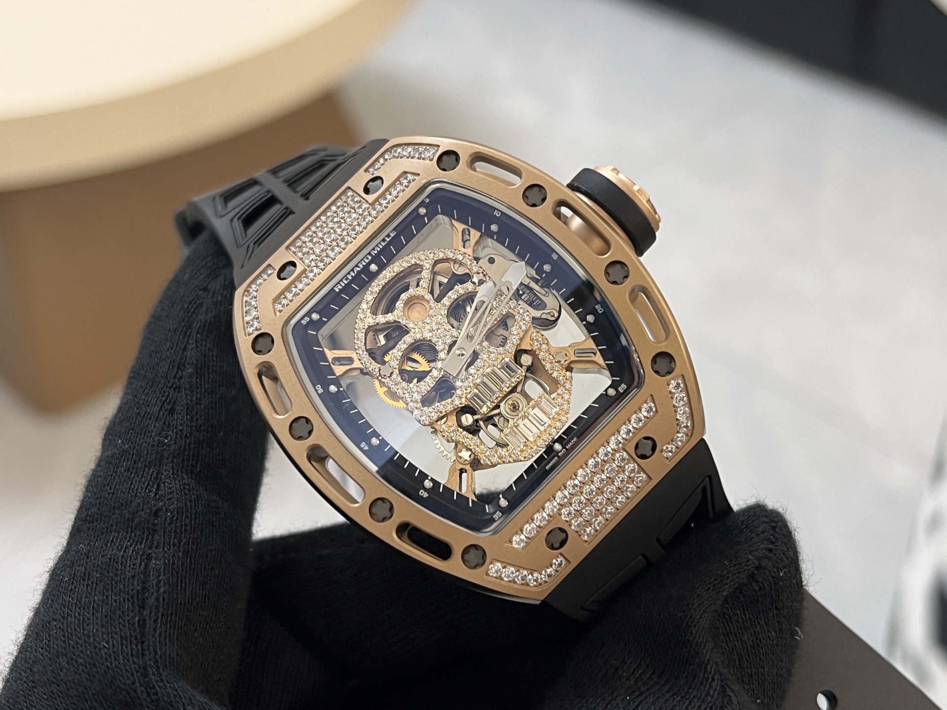 Richard Mille RM 052 Skull rose gold case, diamond-set bezel, transparent dial, black rubber strap 43mm Men's Manual Winding