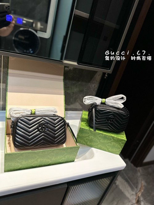 Gucci Marmont Camera Bag, Leather, Chevron Design, Double Zipper, Gift Box 1 Gucci Marmont Camera Bag, Leather, Chevron Design, Double Zipper, Gift Box