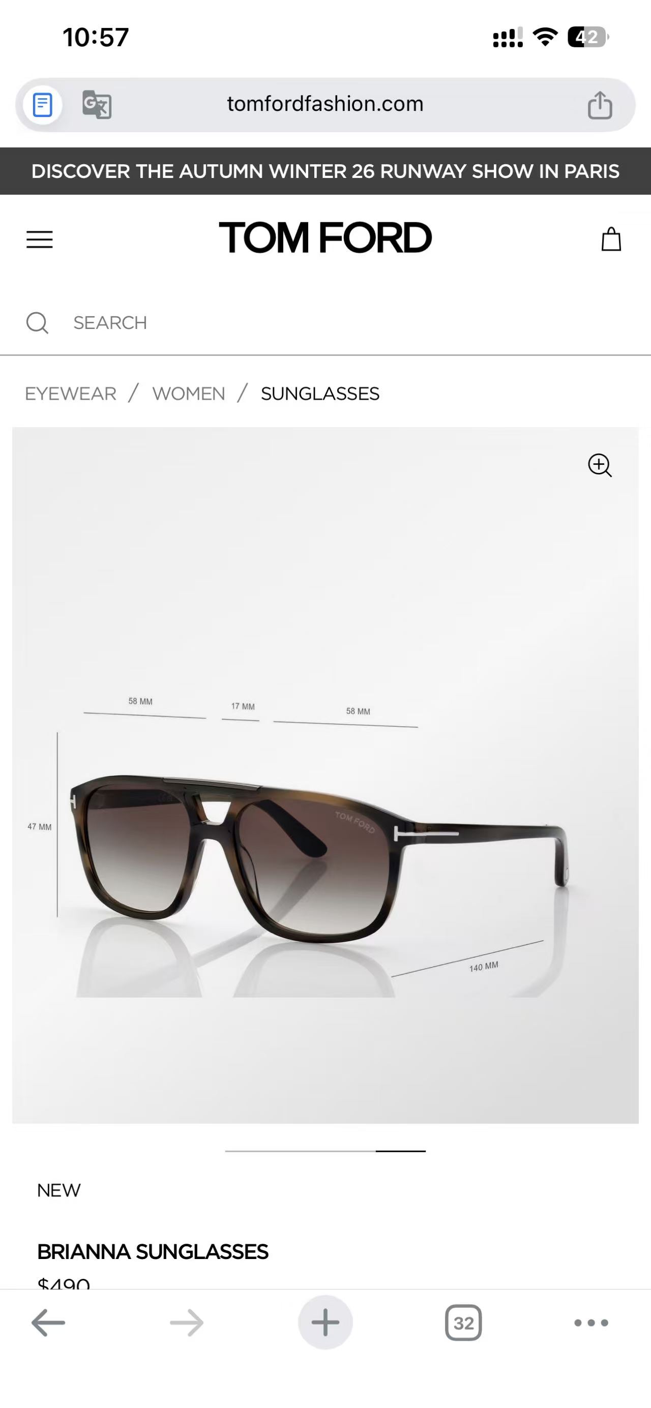 ￼✔️￼𝐓𝐎𝐌 𝐅𝐎𝐑𝐃  Tom Ford MOD：FT1338（BRIANNA） SIZE：58口17-140