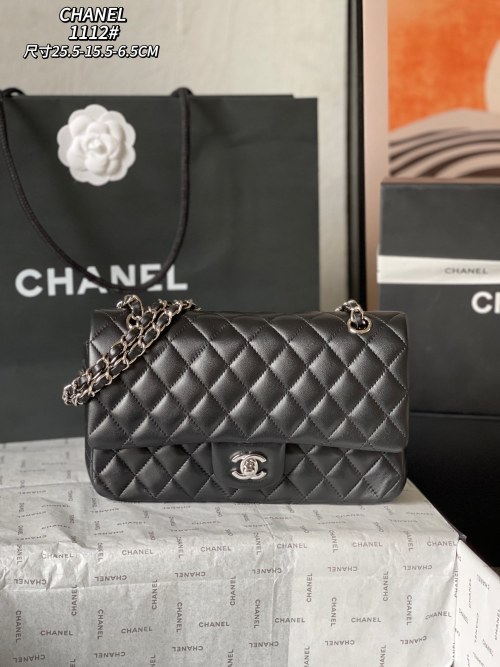 Chanel Classic Flap Bag Medium Black Leather Silver Hardware, 25.5x15.5x6.5cm 1 Chanel Classic Flap Bag Medium Black Leather Silver Hardware, 25.5x15.5x6.5cm