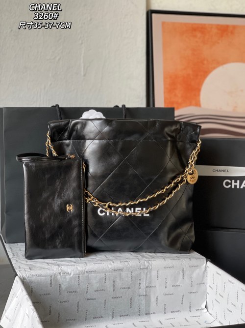 Chanel 22S Black Leather Tote Bag with Gold-Tone Hardware & Coin Detail 1 Chanel 22S Black Leather Tote Bag with Gold-Tone Hardware & Coin Detail