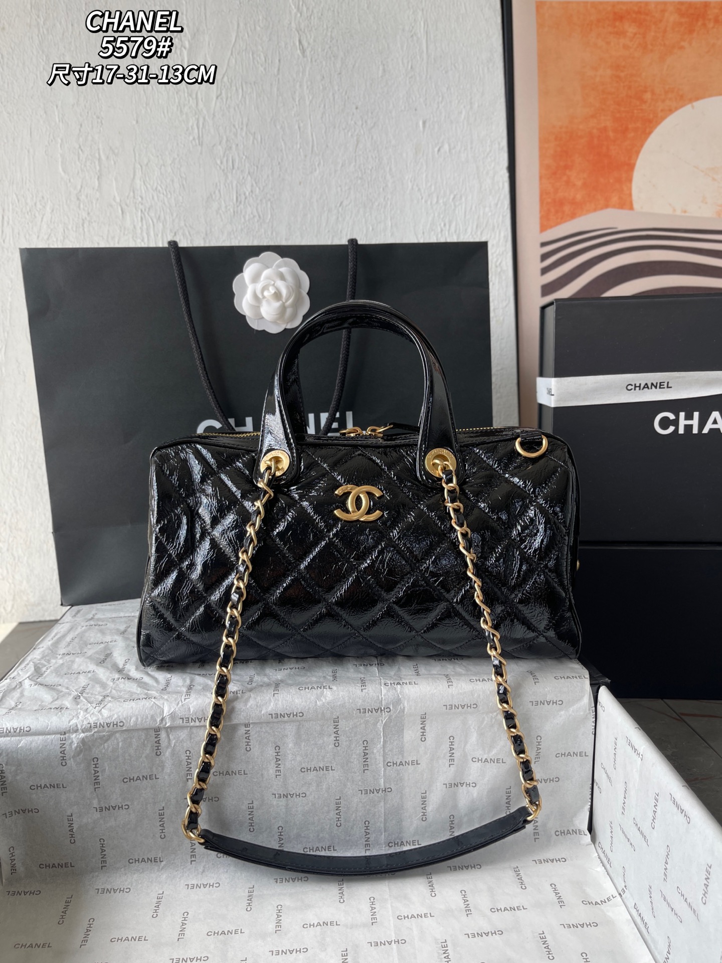 Chanel Bowling Bag Caviar Leather Black AS5579, 17-31-13cm
