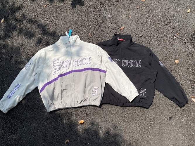 Supreme SS25 Old English Track Jacket - Embroidered Logo, Zip-Up, Stand Collar 1 Supreme SS25 Old English Track Jacket - Embroidered Logo, Zip-Up, Stand Collar
