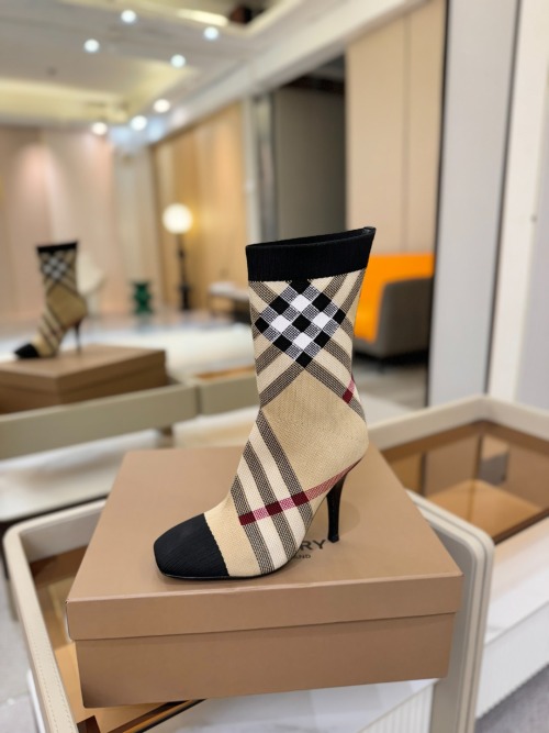 Burberry Women's Check Knit Stretch Sock Boots High Heel Ankle Boots 1 Burberry Women's Check Knit Stretch Sock Boots High Heel Ankle Boots