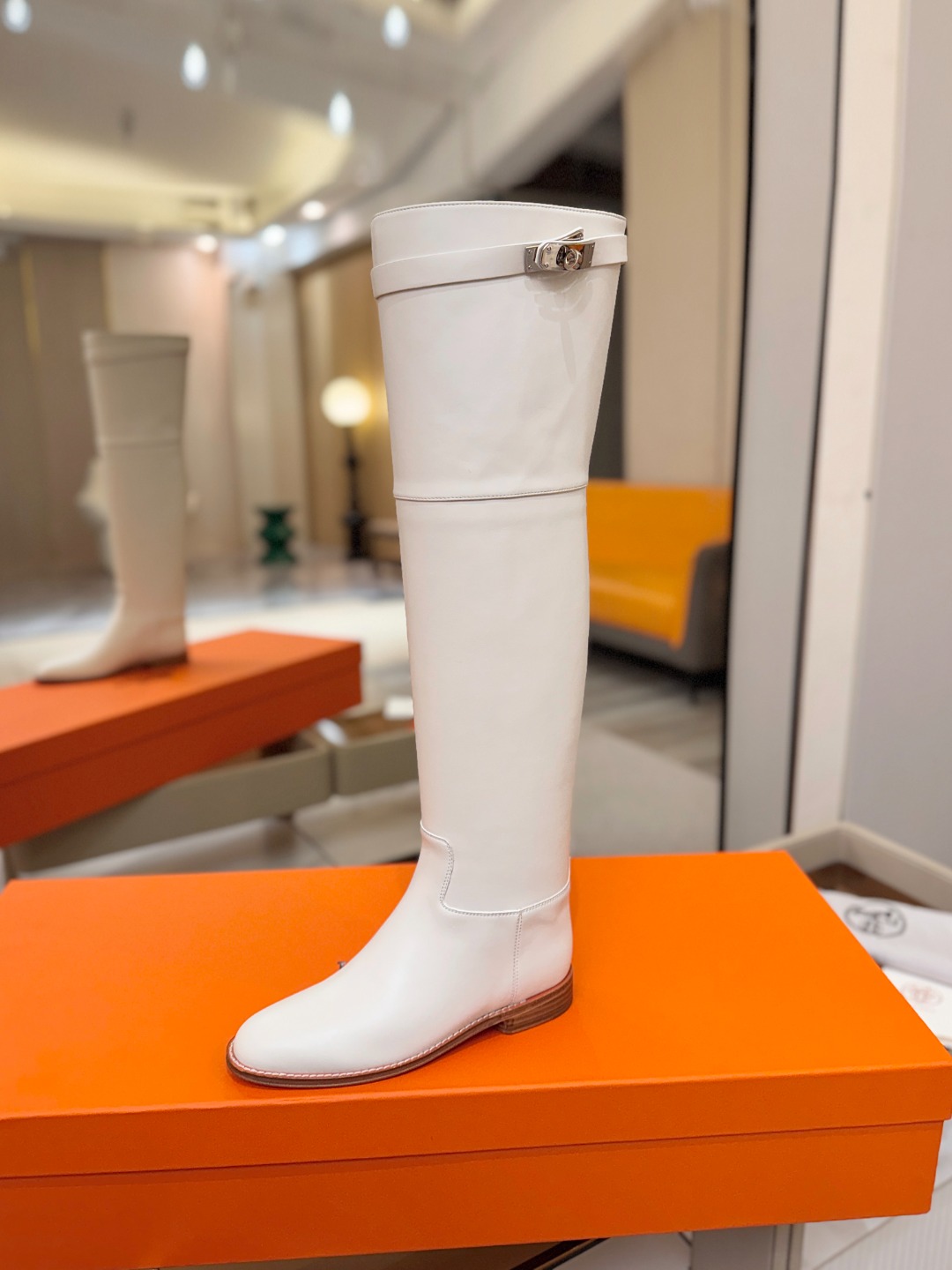Hermes White Buckle Knee High Boots