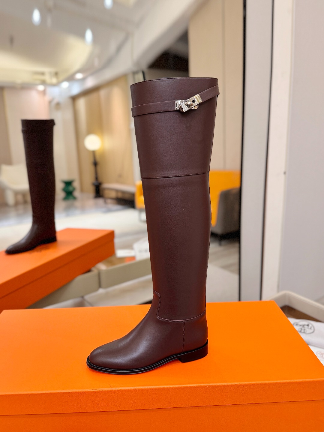 Hermes Brown Buckle Knee High Boots