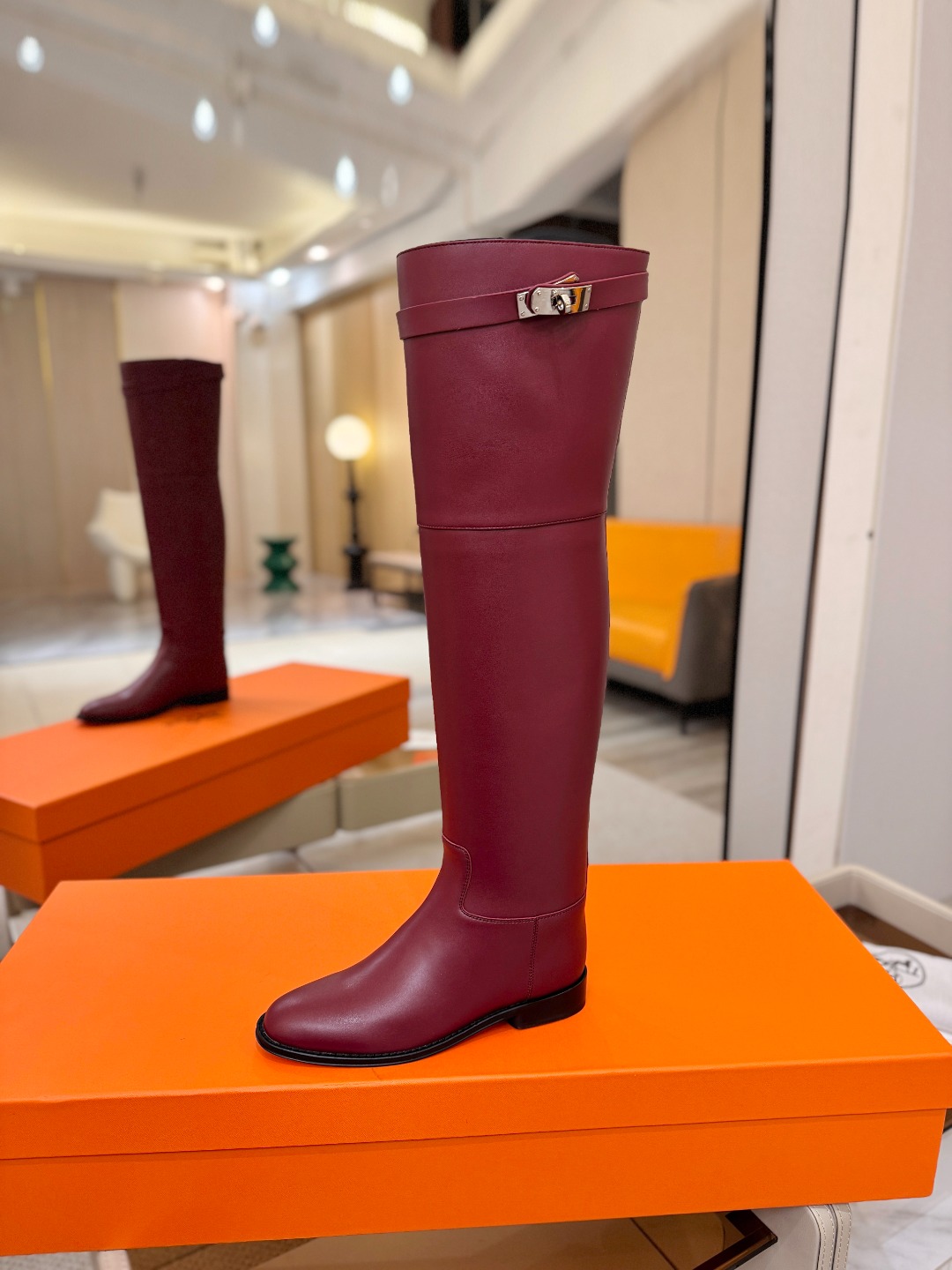 Hermes Burgundy Buckle Knee High Boots