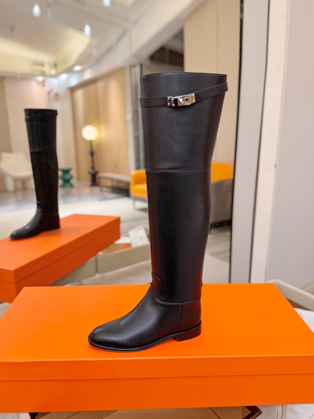 Hermes Black Buckle Knee High Boots