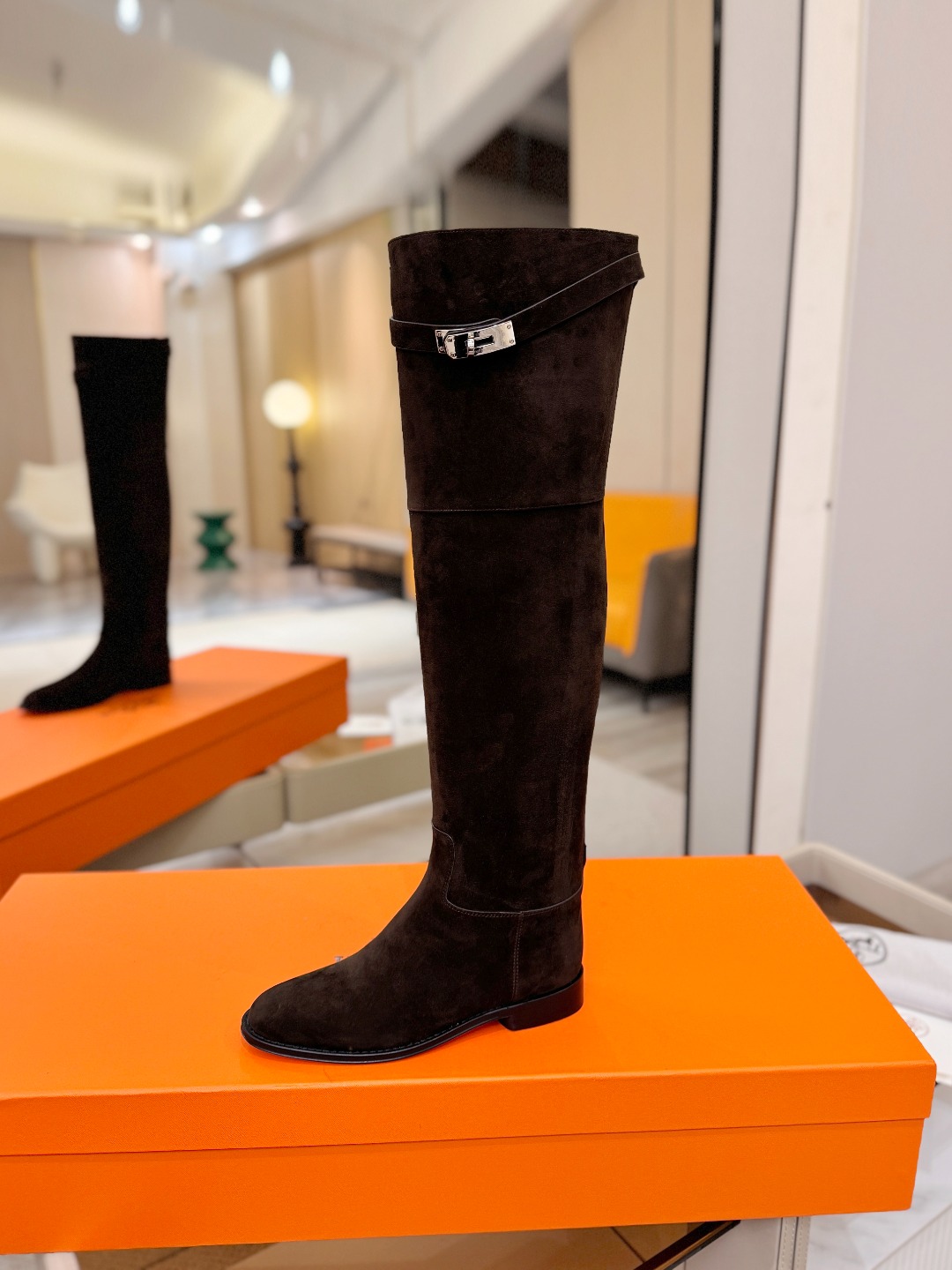 Hermes Brown Buckle Knee High Boots