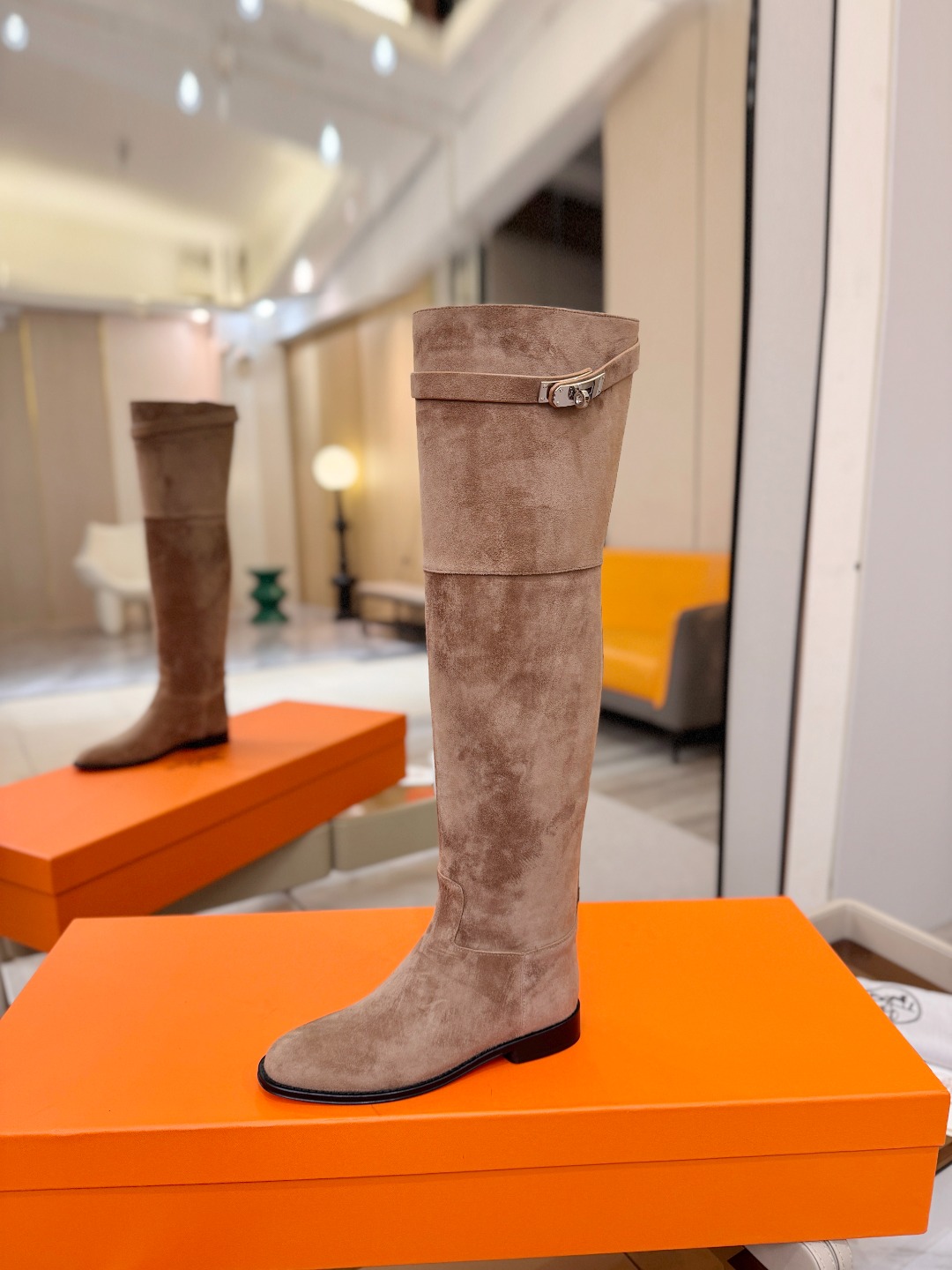 Hermes Taupe Buckle Knee High Boots