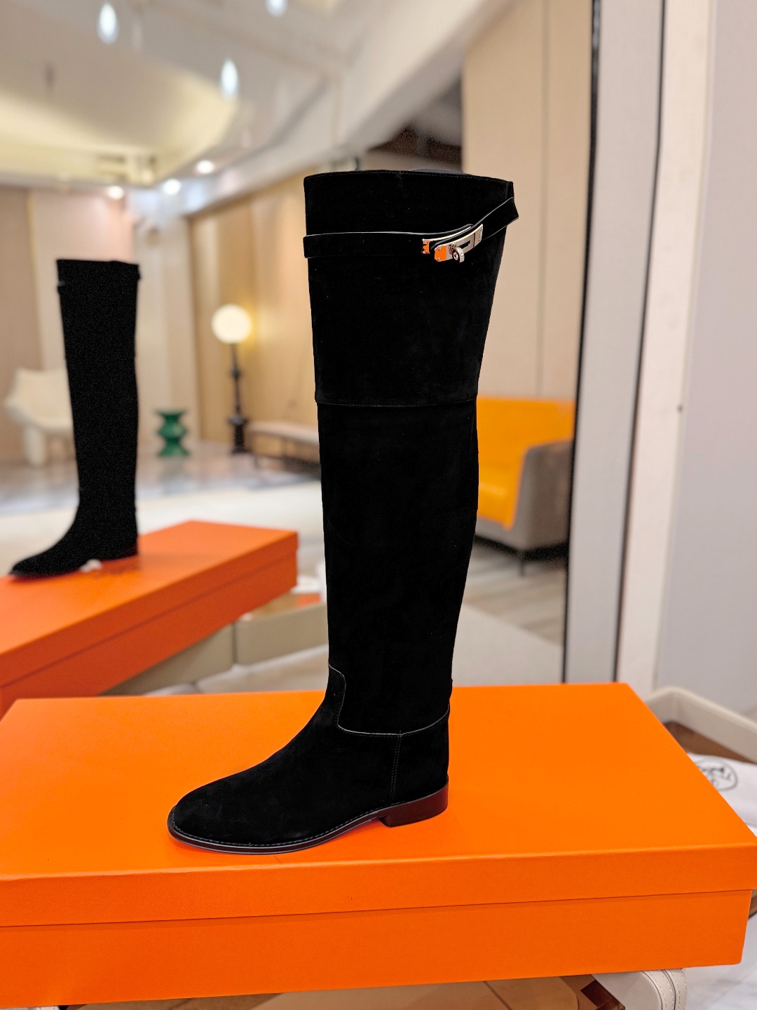 Hermes Black Buckle Knee High Boots