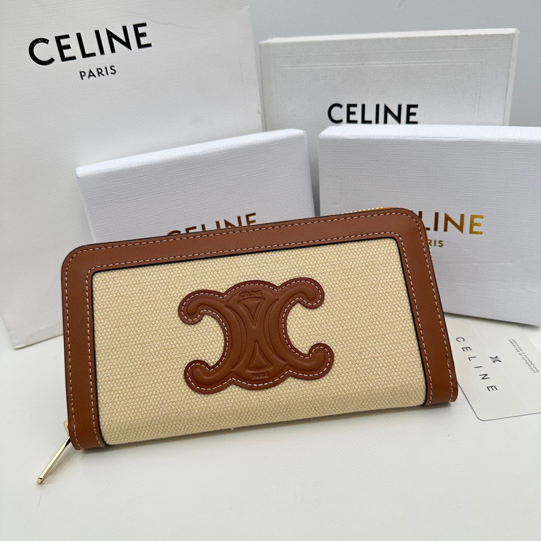 Celine Wallet Best Replica Quality
 Brown White Calfskin Canvas Cowhide Fabric Triomphe