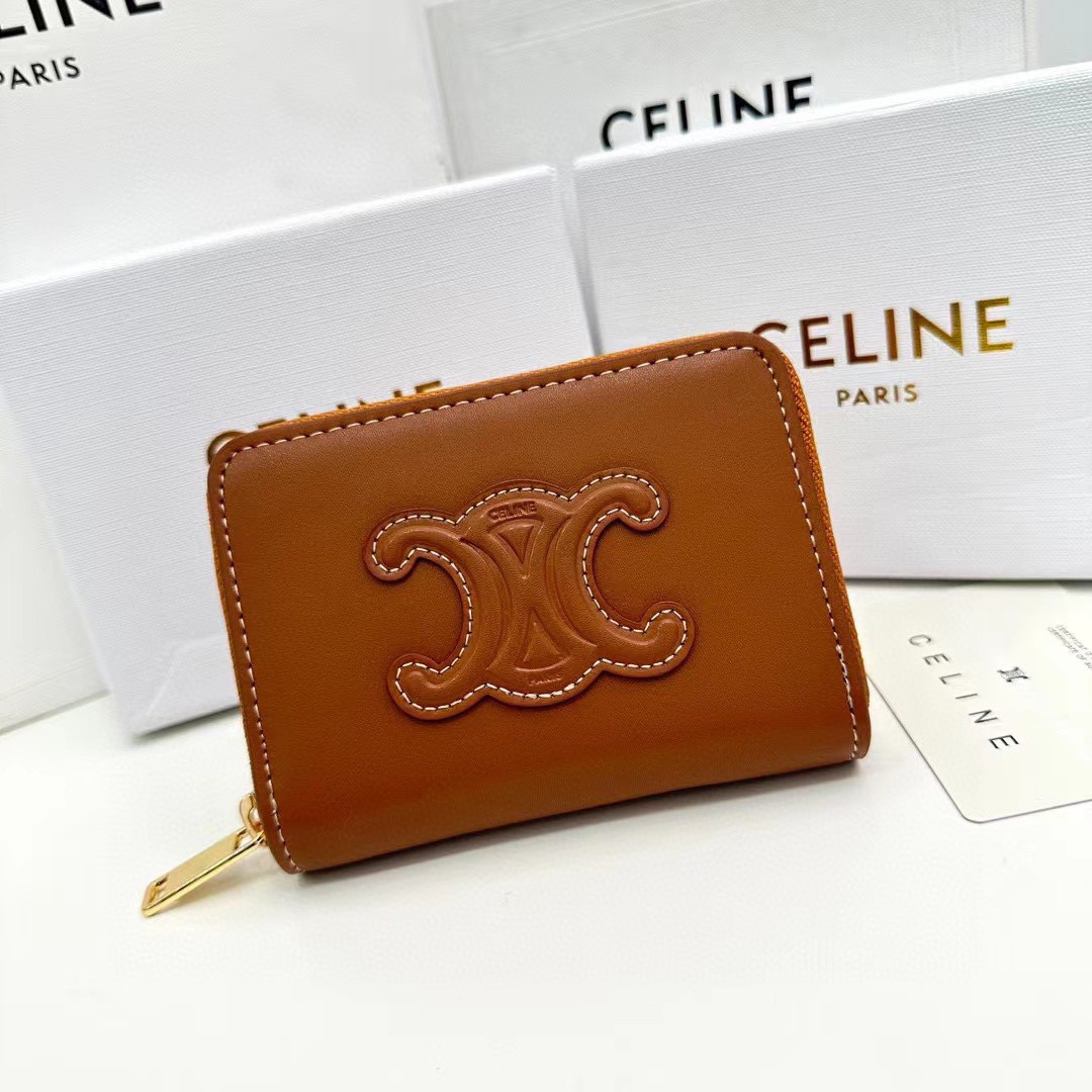 Celine Wallet Black Brown Calfskin Cowhide Triomphe