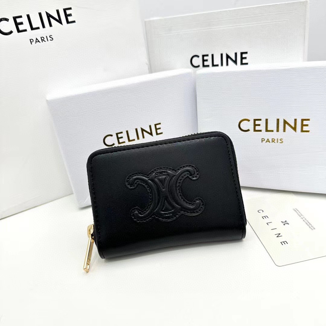 Celine Wallet Black Brown Calfskin Cowhide Triomphe