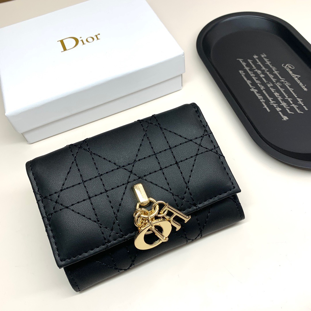 Dior Wallet Beige Black Pink Sheepskin Lady Mini