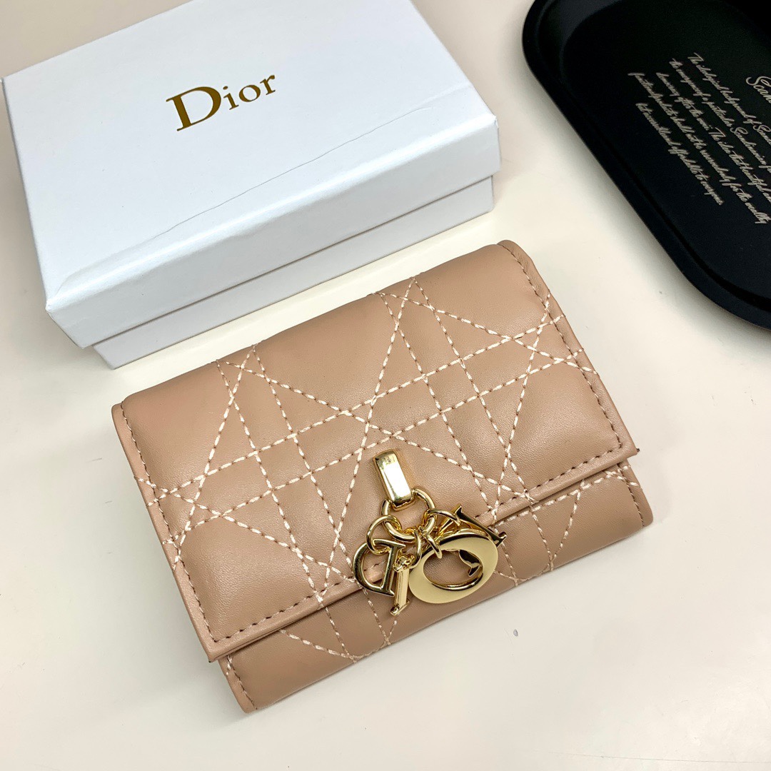 Dior Wallet Beige Black Pink Sheepskin Lady Mini