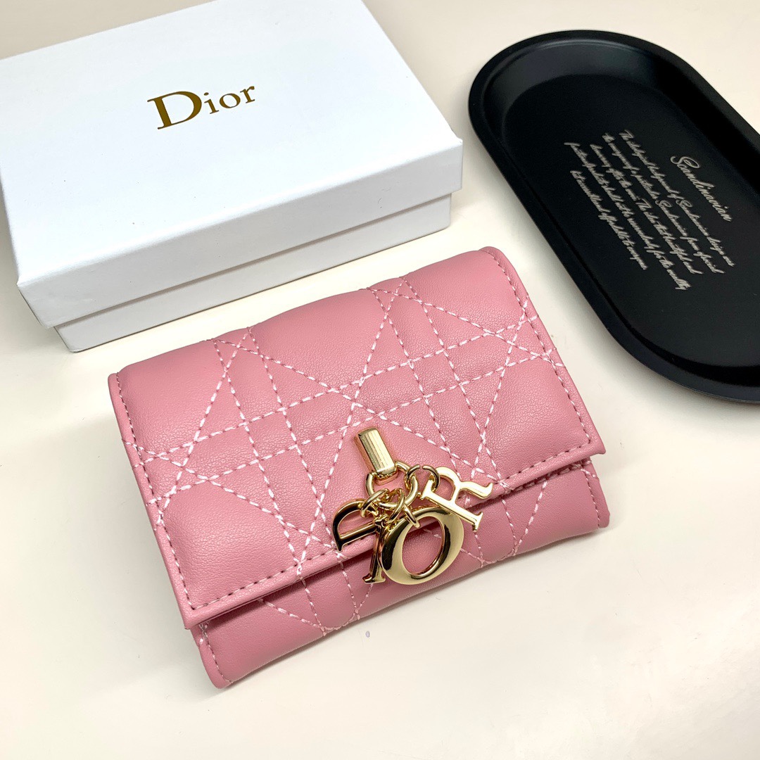 Dior Wallet Beige Black Pink Sheepskin Lady Mini