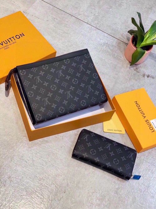 Louis Vuitton Black Monogram Canvas Clutch and Wallet Set - Excellent Quality