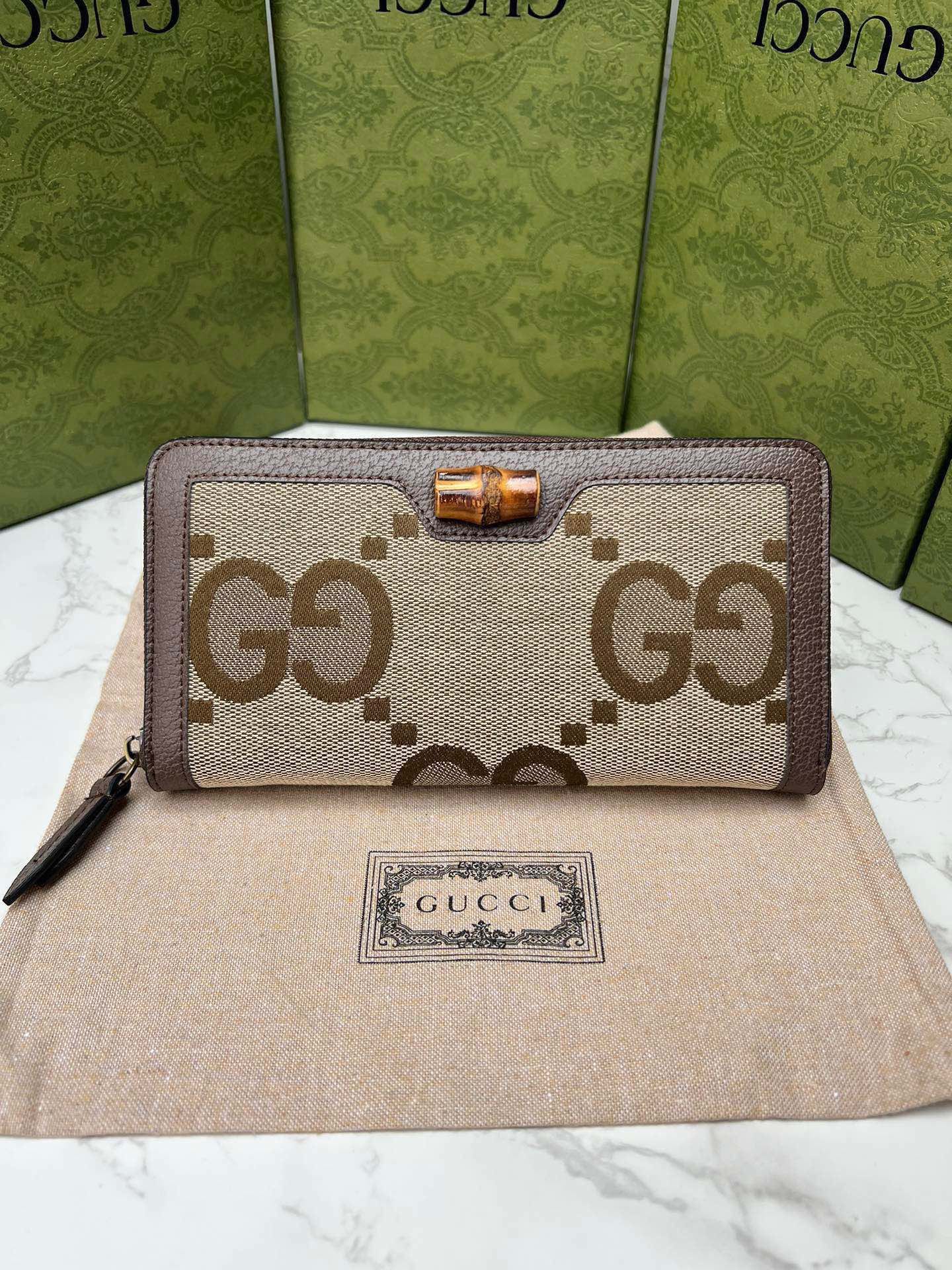 Gucci Ophidia GG Supreme Canvas Zip Around Wallet Brown Leather Trim