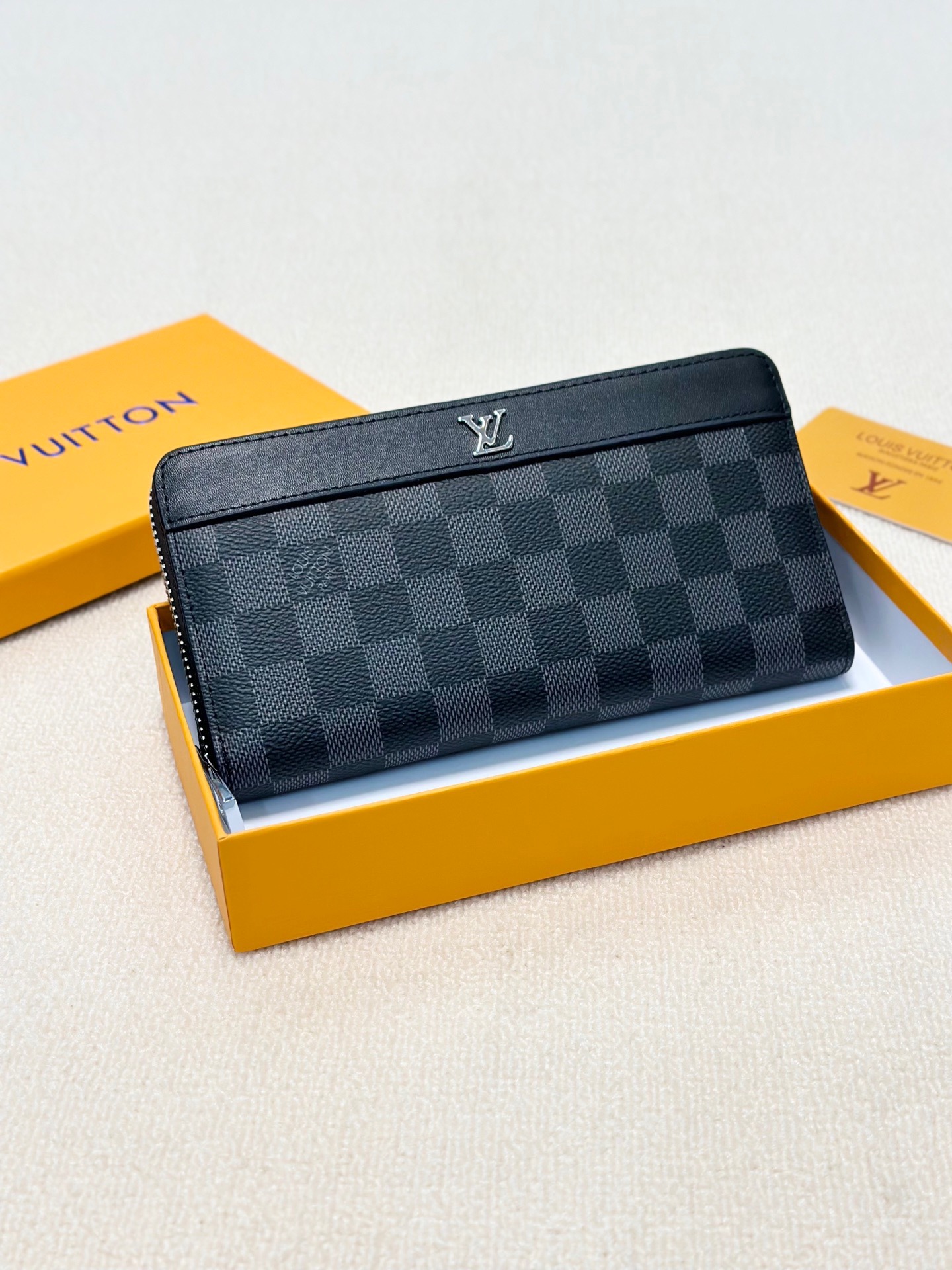 LV新款男士手包 ブラックチェック柄 大容量