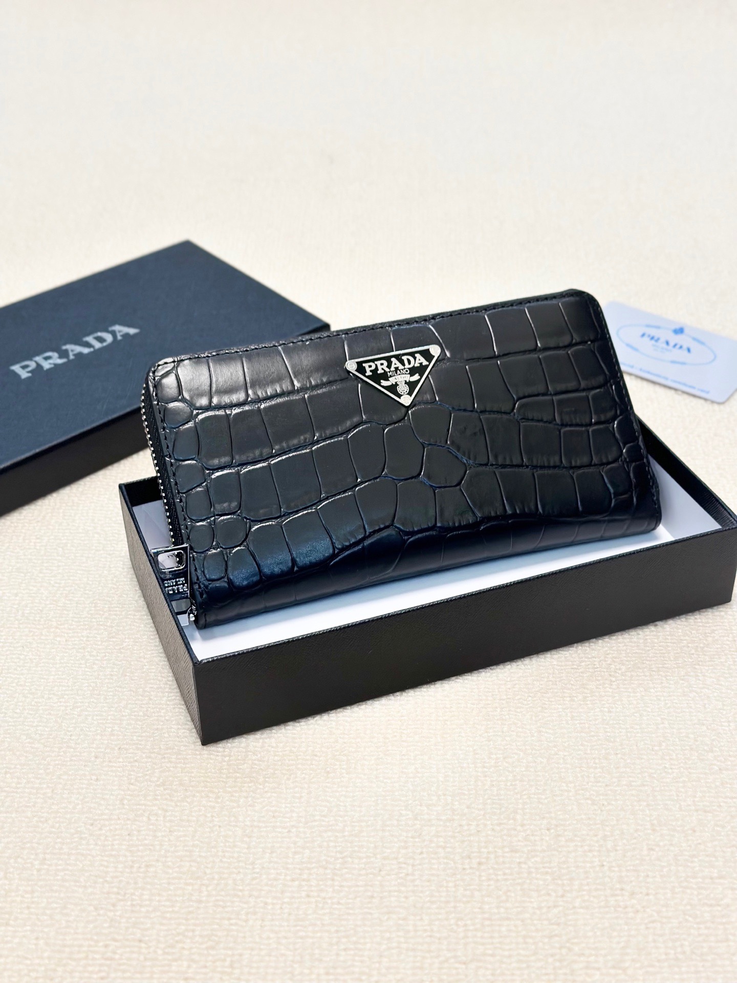 プラダ 男性用手包 ブラック 石目模様 牛革 多カードポケット