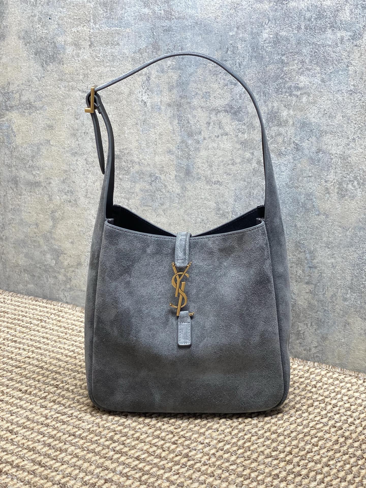 Yves Saint Laurent Gray Suede Leather Shoulder Bag with Gold Hardware