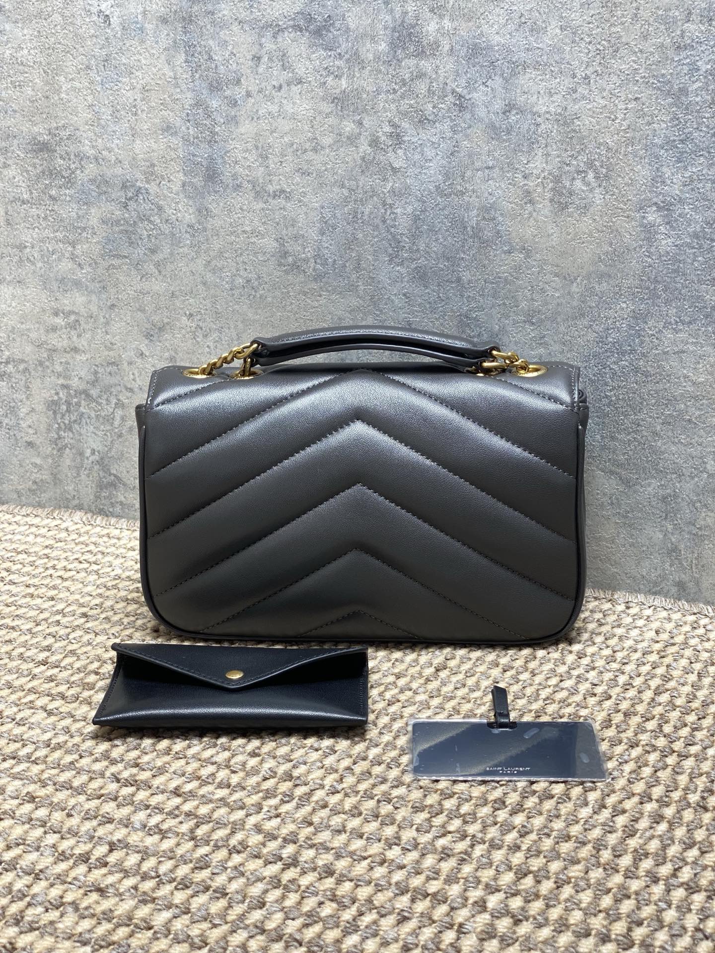 YSL Style Grey Leather Card Holder Lookbook Reference image 2
