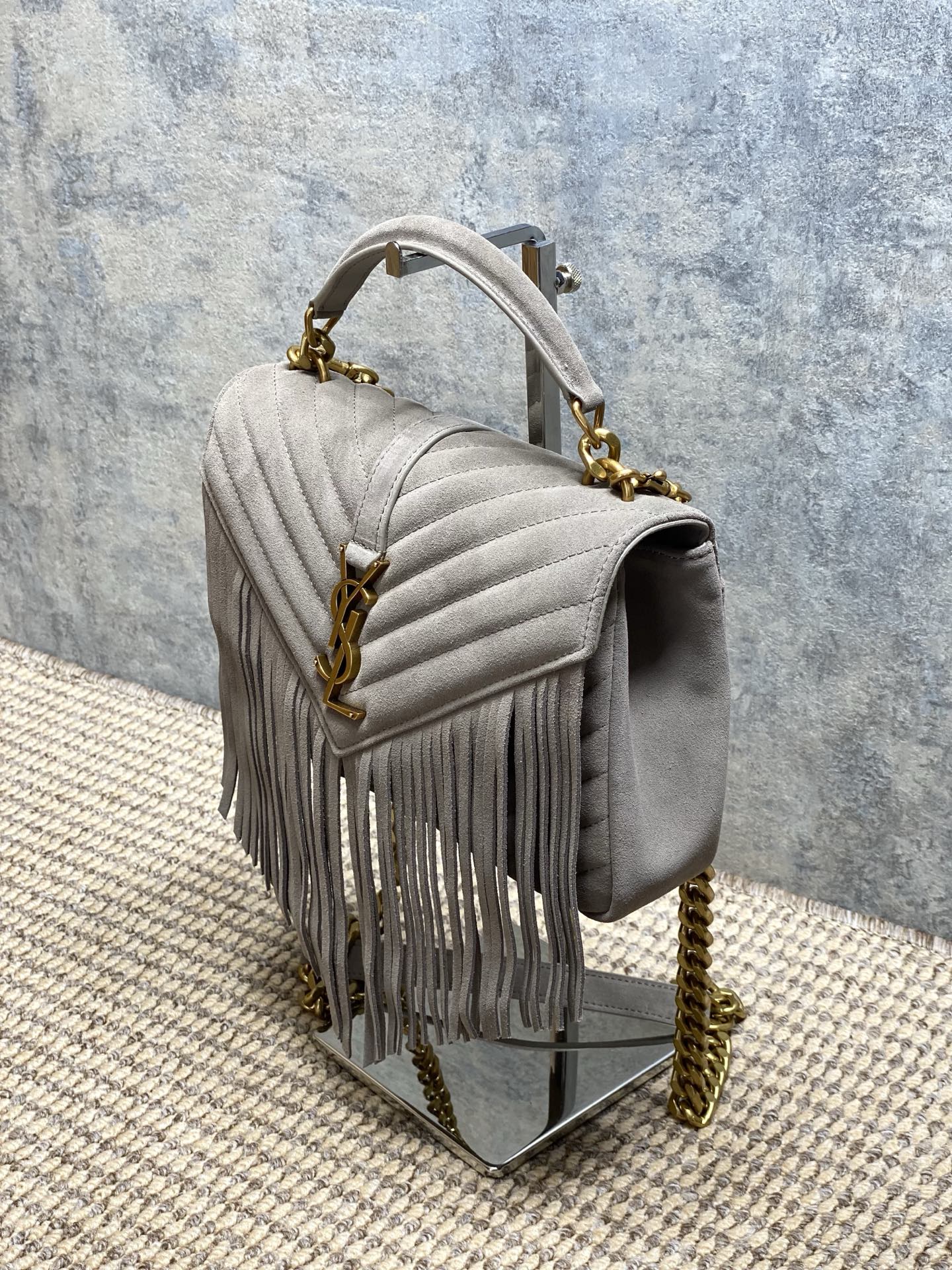 YSL Style Grey Leather Messenger Bag Lookbook Reference image 2