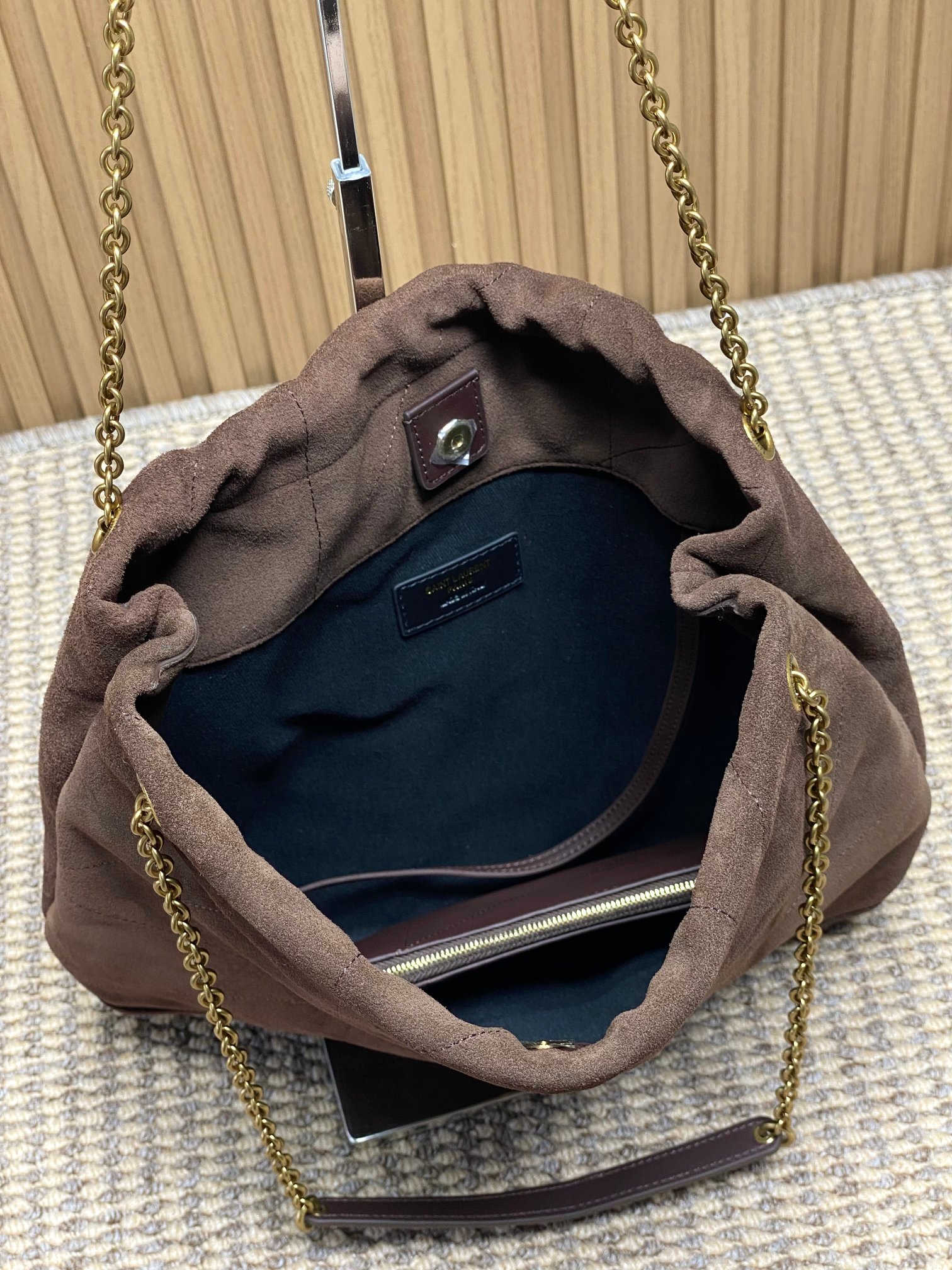 YSL Suede Drawstring Chain Bucket Bag