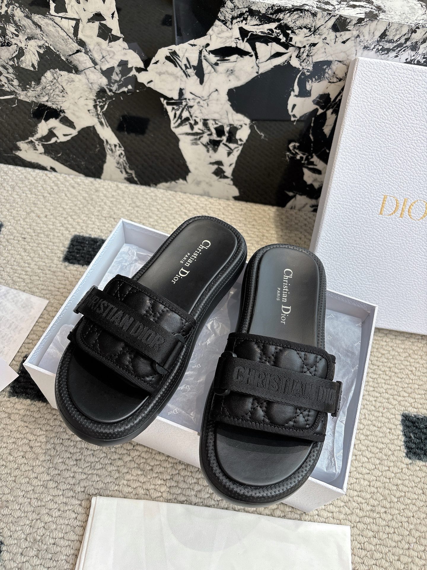 Dior 2025ss新款 Dio(r)evolution系列藤格纹魔术贴一字宽带厚底凉拖鞋