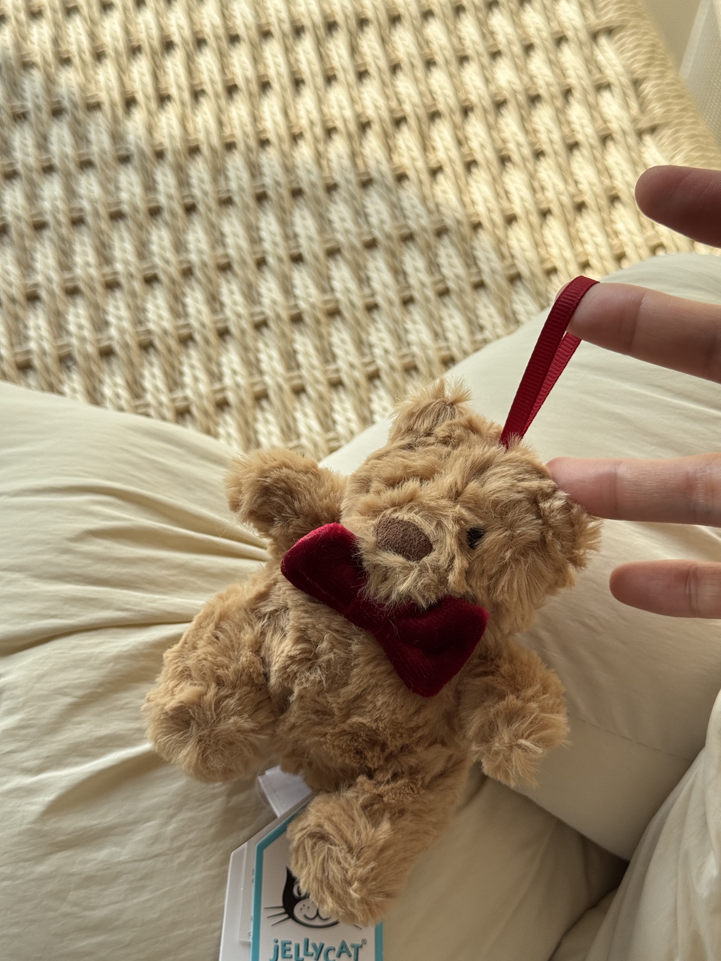 NO:810295,The light brown corrugated fluff glows softly under natural light, and the fluffiness that can be felt on the fingertips makes people instantly relax. The red lanyard handle design is easy to carry and adds a sense of playful ritual. It is not only a bedside sleeping partner, but also a cute decompression object on the desk, and a harvester of likes on social platforms. It can be carried, hugged or hung, satisfying all daily healing imaginations. Jellycat doll of trendy department store19860909浅棕色波纹绒毛在自然光下泛着柔光,指尖可感的蓬松度让人瞬间放松.红色挂绳提手设计既方便提拿,更增添一抹俏皮仪式感. 既是床头安睡伙伴,也是办公桌减压萌物,更是社交平台点赞收割机.可提可抱可悬挂,满足日常所有治愈想象.,潮品百货Jellycat公仔,accessory