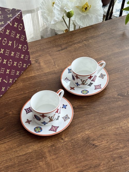 Elegant Tea Cup and Saucer Set, Coffee Cup Set, Louis Vuitton Pattern Style