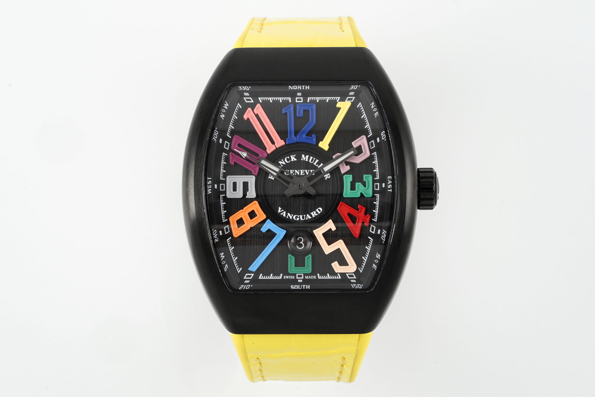 NO:394378,ABF's latest model, FRANCK MULLER Vanguard series (FRANCK MULLER Vanguard) has a unique appearance design, with high recognition in shape; the carbon fiber case is light and technological and fashionable; the color three-dimensional digital hour markers are matched with a personalized dial layout, breaking the convention and strong visual impact. The material craft case is made of carbon fiber material, with high strength and light weight; the strap is made of braided material with colored stitching, which is comfortable and trendy; the details such as crown are branded to highlight craftsmanship and quality. Functions and luminous light have basic chronograph functions, and some may have complex functions; the luminous effect is unique, and the case and hands in the dark are luminous, which is both practical and cool. Brand value Farmer is a high-end watchmaking brand. This series inherits the brand genes, combines design, craftsmanship and brand premium, and is a symbol of identity and taste.,19860909ABF 最新款 法穆兰Vanguard系列（FRANCK MULLER Vanguard）  外观设计酒桶型表壳,造型独特辨识度高；碳纤维表壳轻盈且具科技感、时尚感；彩色立体数字时标搭配个性表盘布局,打破常规,视觉冲击力强.  材质工艺表壳碳纤维材质,强度高、重量轻；表带为编织材质配彩色缝线,舒适又具潮流感；表冠等细节有品牌标识,彰显工艺与品质. 功能与夜光具备基础计时功能,部分可能有复杂功能；夜光效果独特,黑暗中表壳和指针等发光,既实用又增添炫酷氛围 . 品牌价值法穆兰是高端制表品牌,该系列传承品牌基因,兼具设计、工艺与品牌溢价,是身份与品味象征.,,Watch