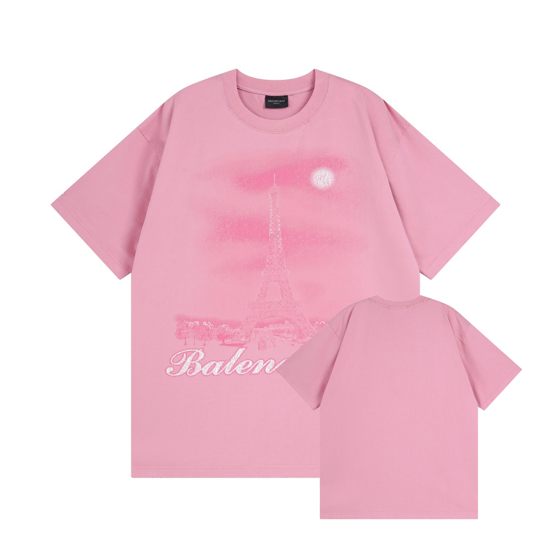 NO:334002,BALENCI*GA Paris joint-branded Leaf Eiffel Tower inkjet gradient wash water short-sleeved T-shirt. The pattern print is made of Kangli Digital direct spray. The laundry washing water is used for aging and grinding. Hand-painted. Hand-painted and consistent with ZP. Overweight craftsmanship. Exclusive version fixed weaving and dyeing 260g fabric. Threads are the same as cylinder fixed dyeing. Zero color difference. Brick cabinet synchronization. Welcome to compare. Men and women's styles -Color wash water blue pink -SIZEXs S M L,,balenciaga,T-shirt,tees,t-shirt,alexander wang19860909BALENCI*GA 巴黎联名黎埃菲尔铁塔喷墨渐变洗水短袖T恤.图案印花釆用康丽数码直喷.成衣洗水做旧磨烂.手工磨破.手绘与ZP一致.超重工艺.独家对版定织定染260g面料 螺纹同缸定染零色差 砖柜同步 欢迎对比 男女同款 -Color洗水蓝 粉色 -SIZEXs S M L,,balenciaga,T-shirt,tees，t-shirt,alexander wang,Women's clothing