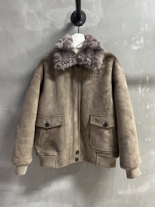 Miu Miu Shearling Collar Suede Leather Jacket, Women's Fall Fashion 1 Miu Miu Shearling Collar Suede Leather Jacket, Women's Fall Fashion