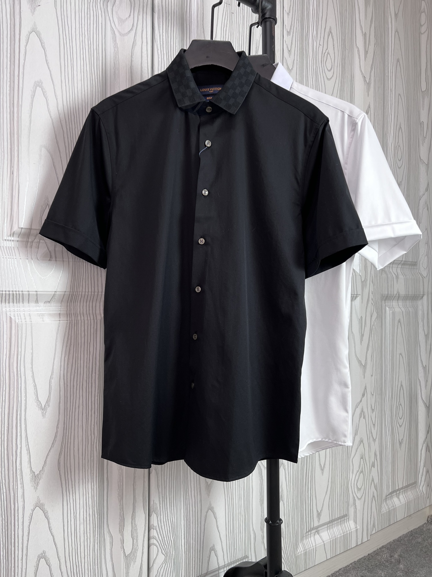驴家24春夏新款短袖衬衫 针织方格拼接领设计 高端系列 黑色 白色 S,M,L,XL,XXL