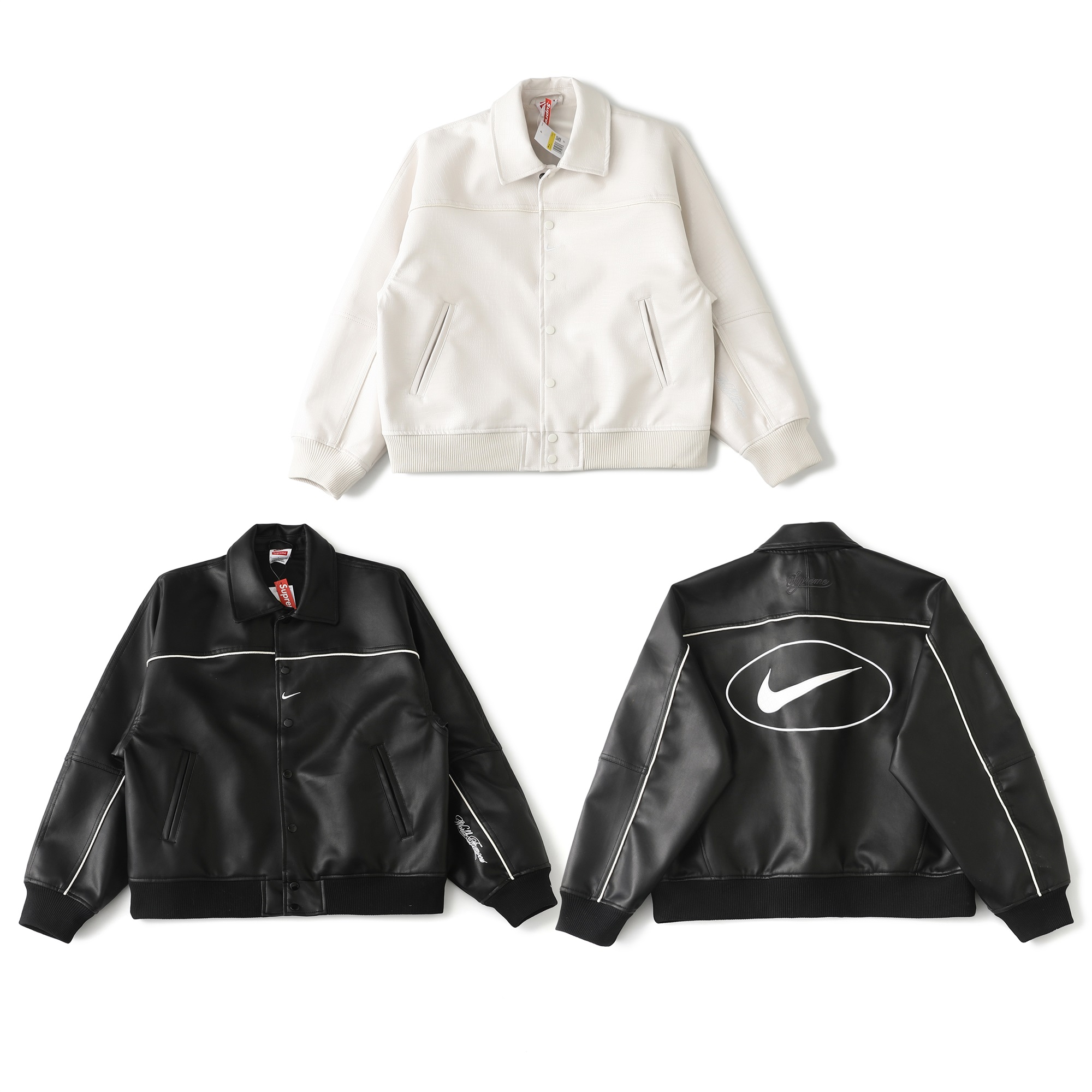 Supreme x Nike Leather Varsity Jacket SS25 Black White Logo Bomber Jacket