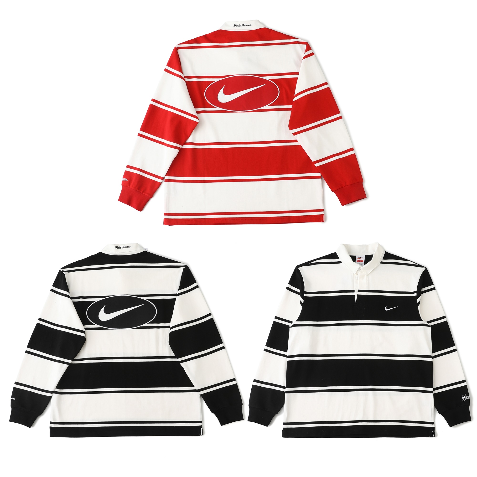 Supreme x Nike Stripe Rugby Polo Shirt Long Sleeve Black/Red/White