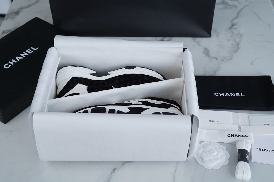 Chanel Shoes Sneakers Black White Sweatpants