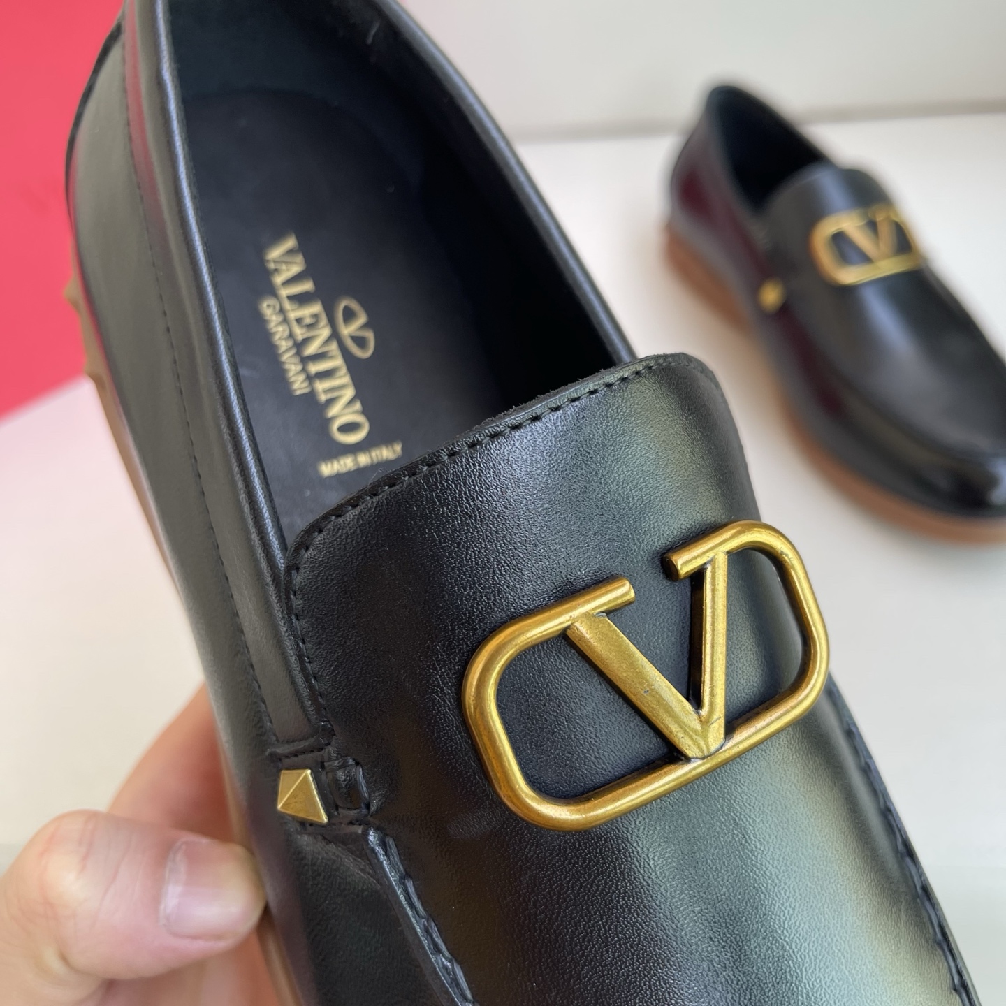Valentino Garavani Men's Black Leather Loafers with Gold V Logo Buckle 9 i1742902820868 7523 0 7