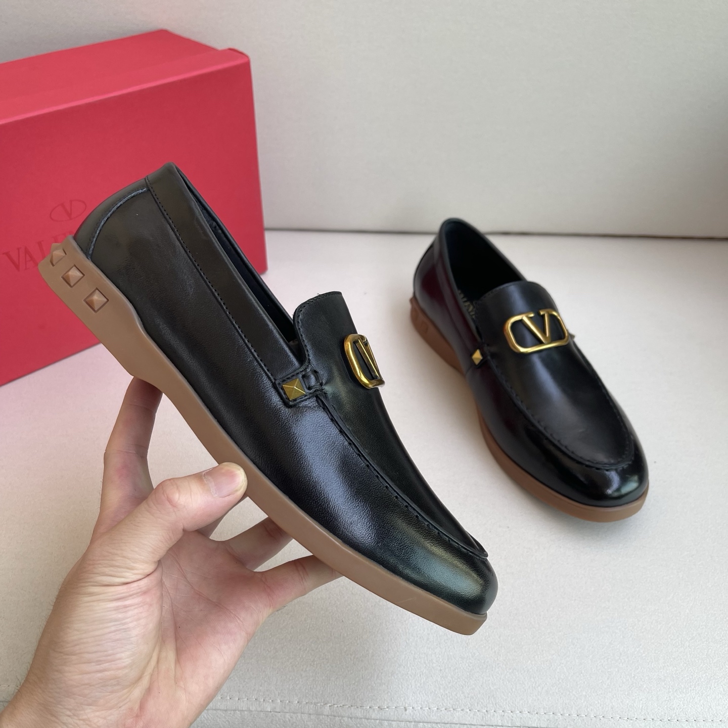 Valentino Garavani Men's Black Leather Loafers with Gold V Logo Buckle 8 i1742902823549 4152 0 6