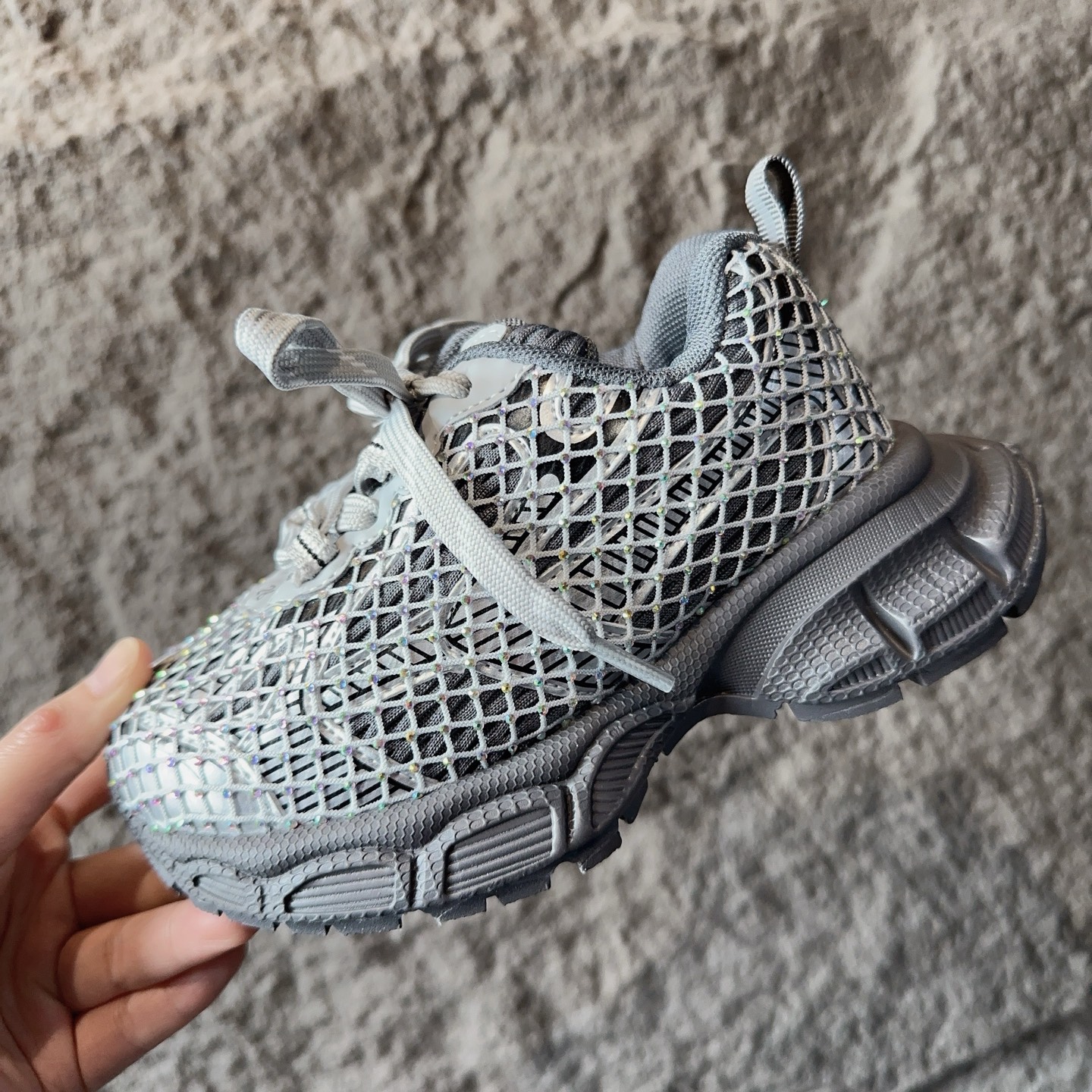 图片[3]-BALENCIAGA 3XL水钻童鞋 巴黎世家厚底增高鞋3XL渔网水钻复古休闲百搭鞋 系带方式：系带+内侧魔术 26-37-选品中心