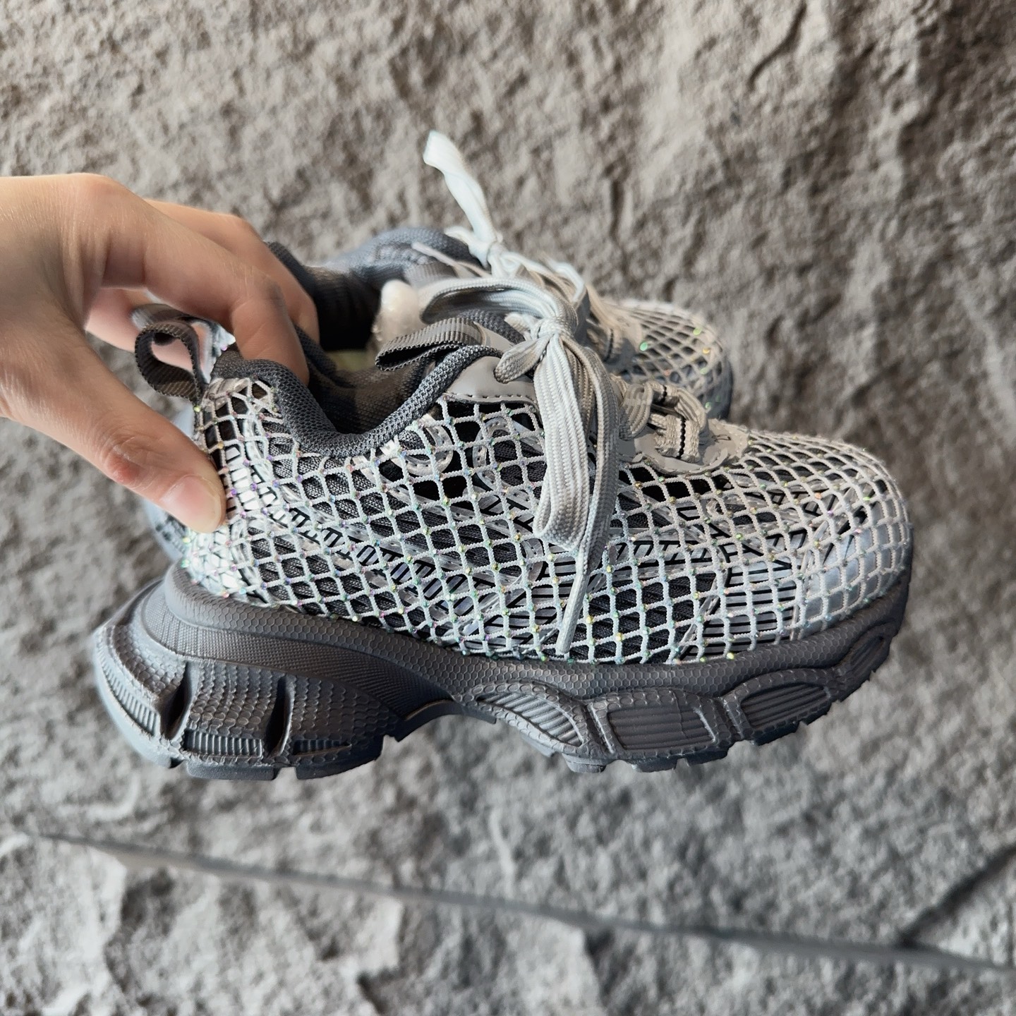 BALENCIAGA 3XL水钻童鞋 巴黎世家厚底增高鞋3XL渔网水钻复古休闲百搭鞋 系带方式：系带+内侧魔术 26-37-选品中心