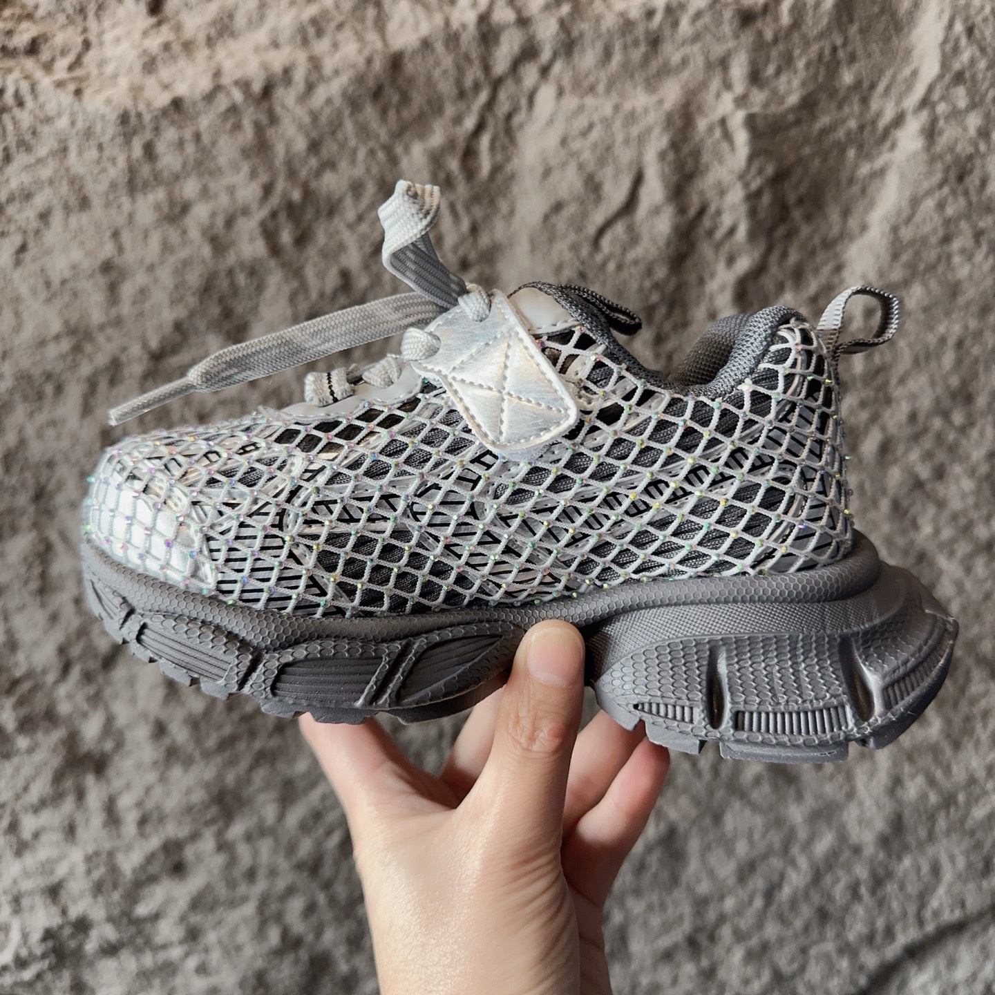 图片[6]-BALENCIAGA 3XL水钻童鞋 巴黎世家厚底增高鞋3XL渔网水钻复古休闲百搭鞋 系带方式：系带+内侧魔术 26-37-选品中心