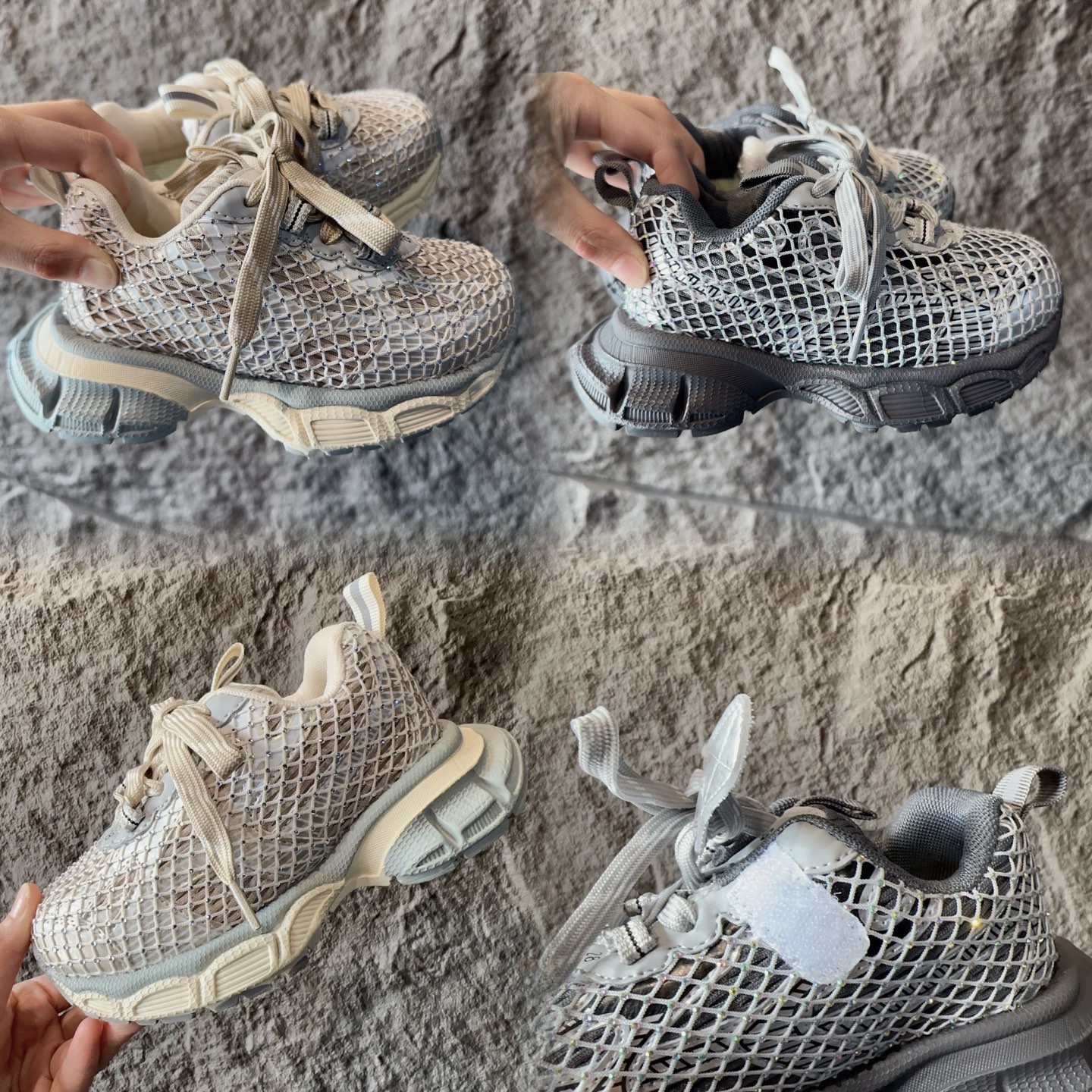 图片[5]-尺码表+集合图 BALENCIAGA 3XL水钻童鞋 巴黎世家厚底增高鞋3XL渔网水钻复古休闲百搭鞋 系带方式：系带+内侧魔术 26-37-选品中心