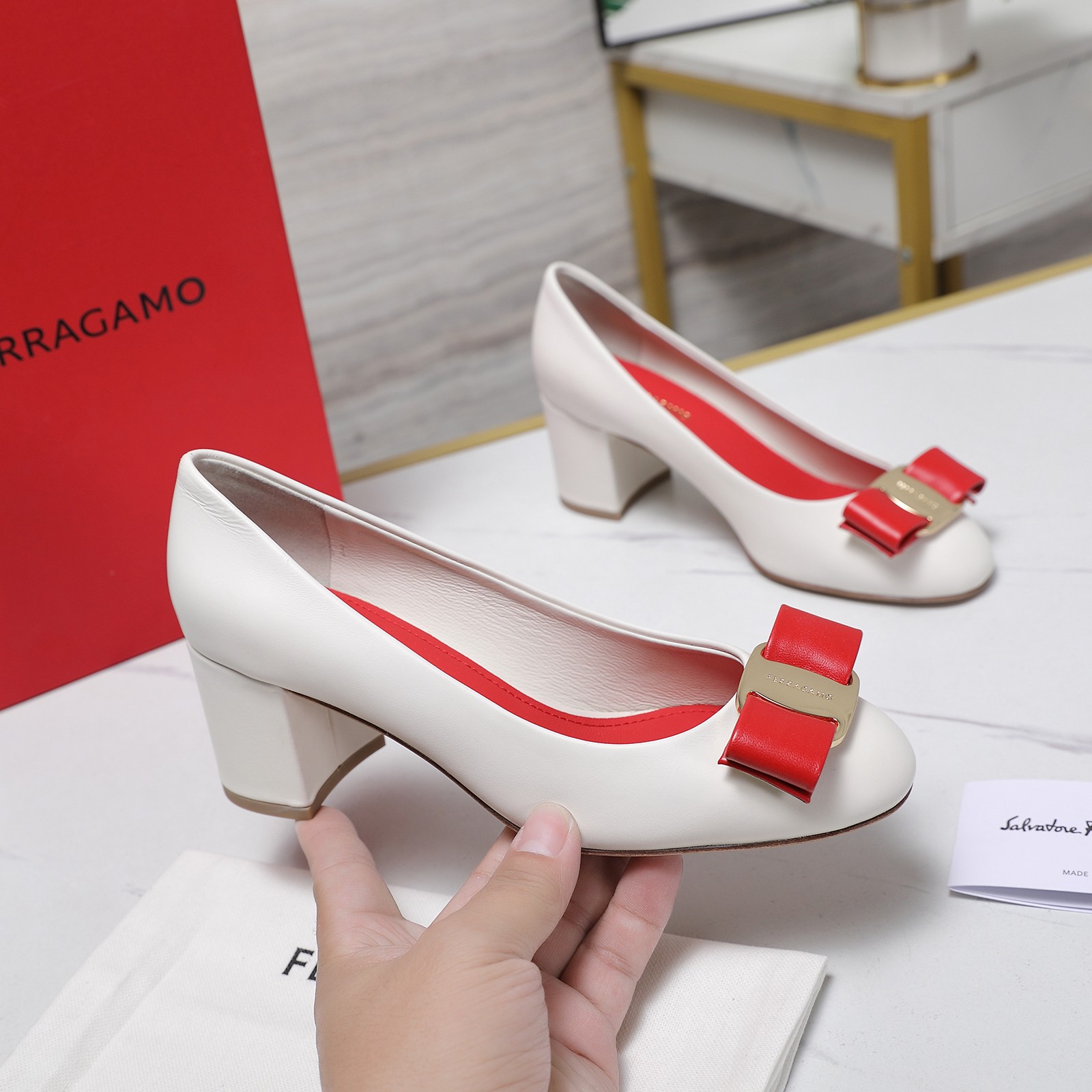 Salvatore Ferragamo Women's Gancini Heel Pumps in White Leather 1 Salvatore Ferragamo Women's Gancini Heel Pumps in White Leather